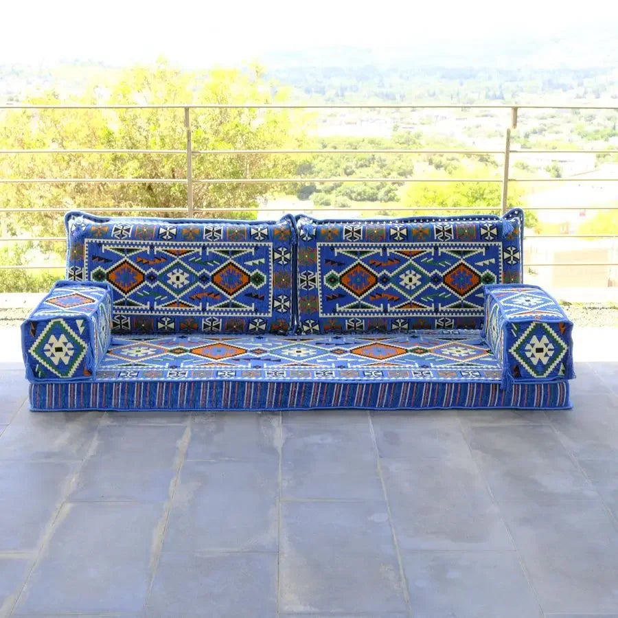 Moroccan Traditional Bohemian Furniture Loveseat 75x27x4IN Floor Seating Convertible Mattress