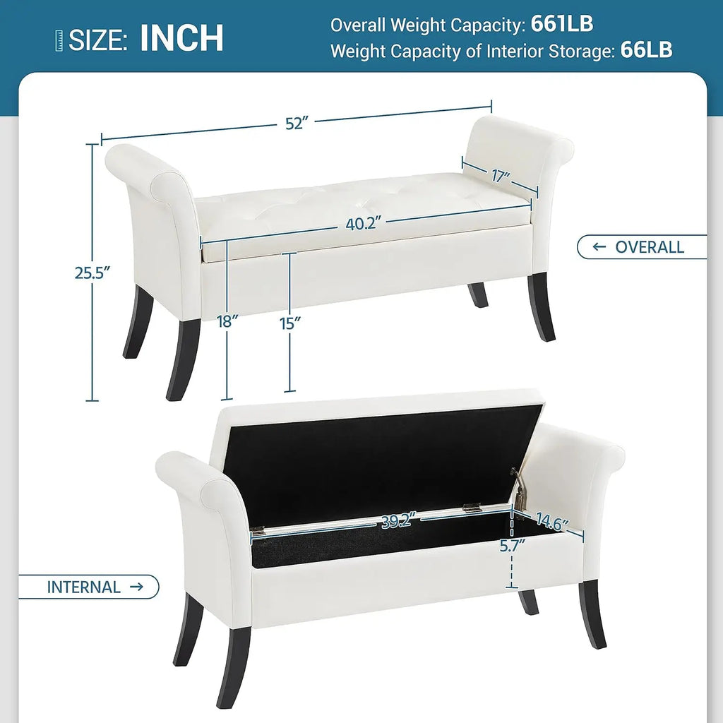 Storage Bench Leather Rolled Arms White