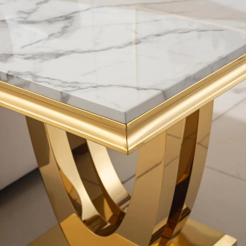 Luxury White Faux Marble End Table, Side Table U-Shape Gold Mirrored