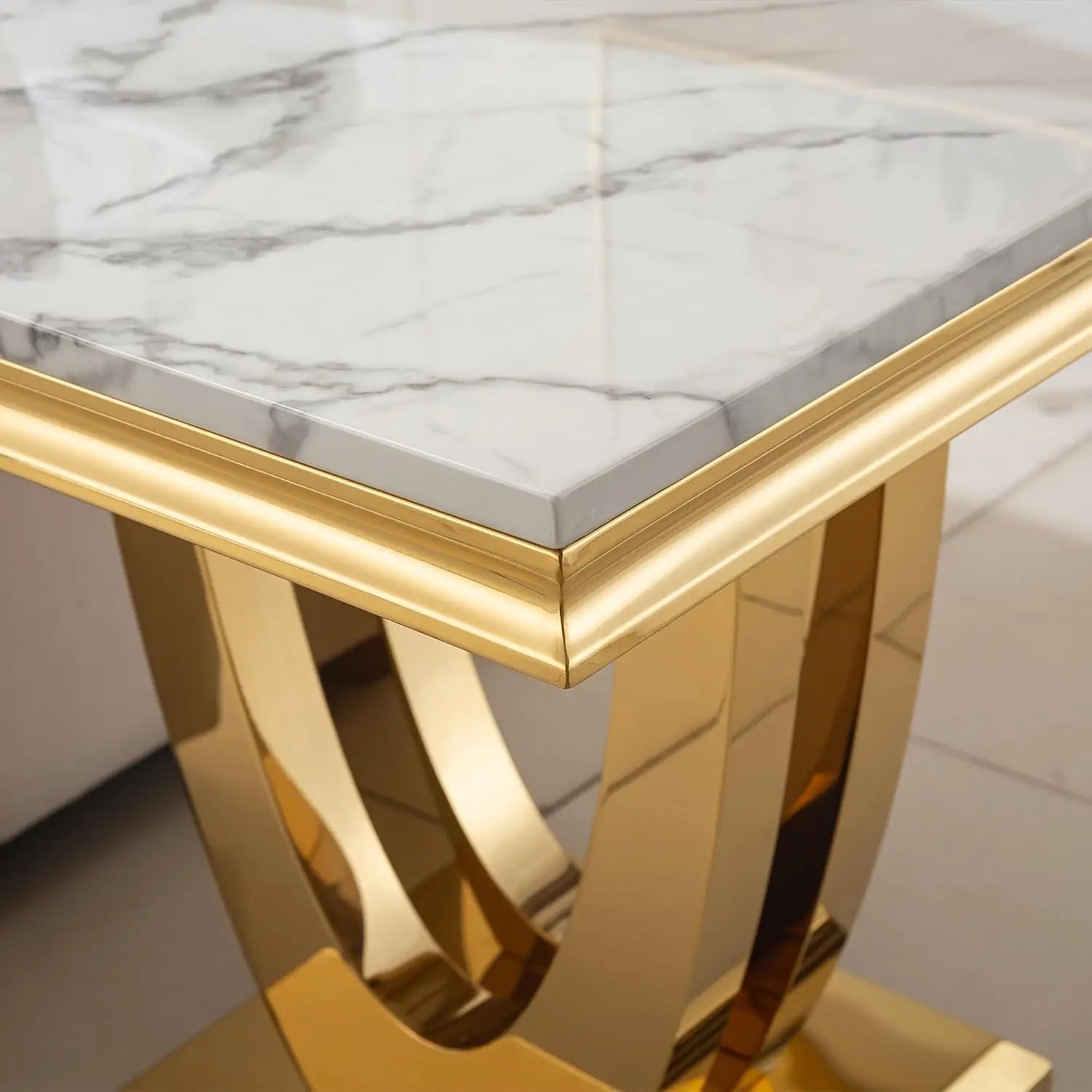 Luxury White Faux Marble End Table, Side Table U-Shape Gold Mirrored