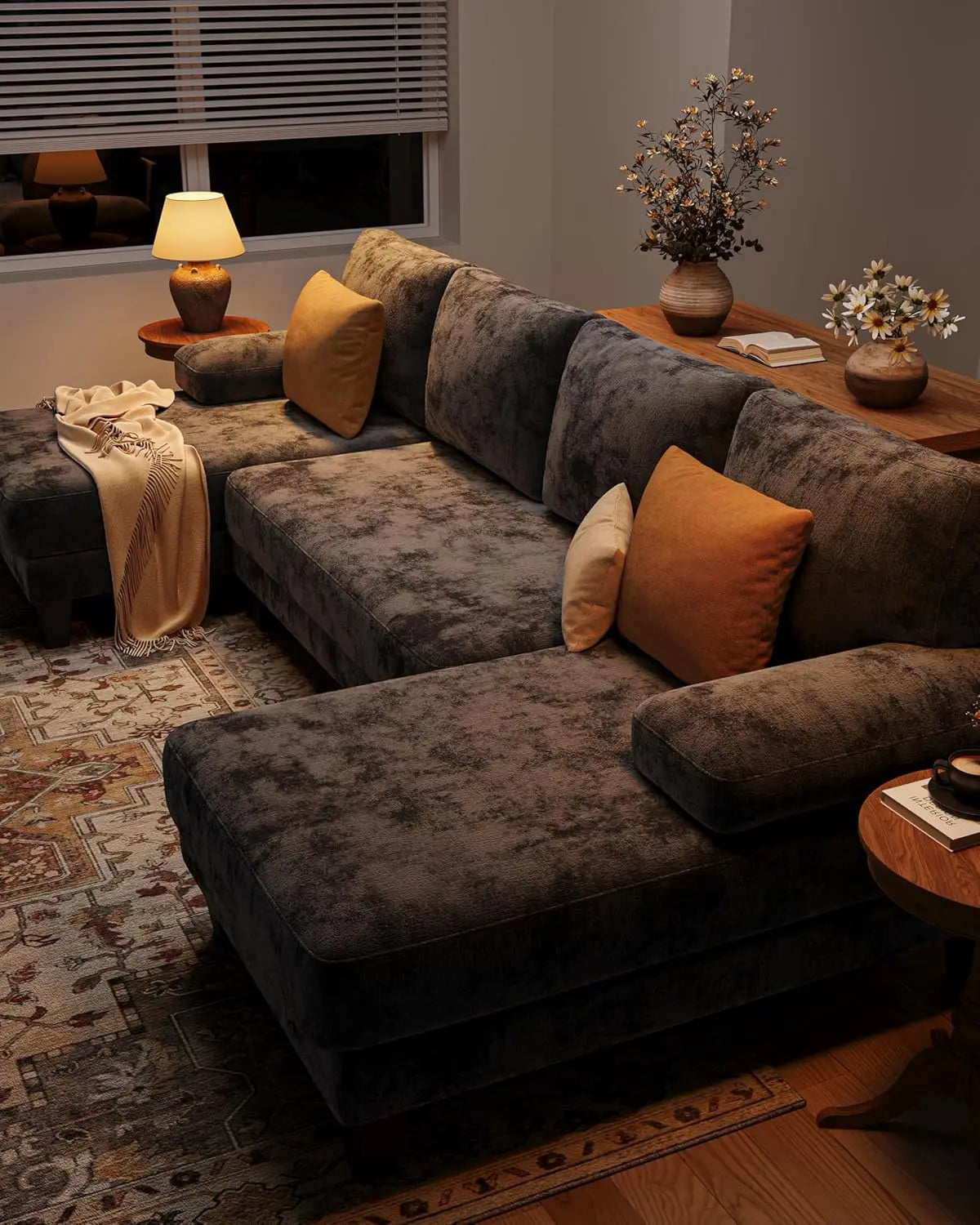 U-Shaped Sectional Couch | Chenille Sofa Double Chaise | 112IN
