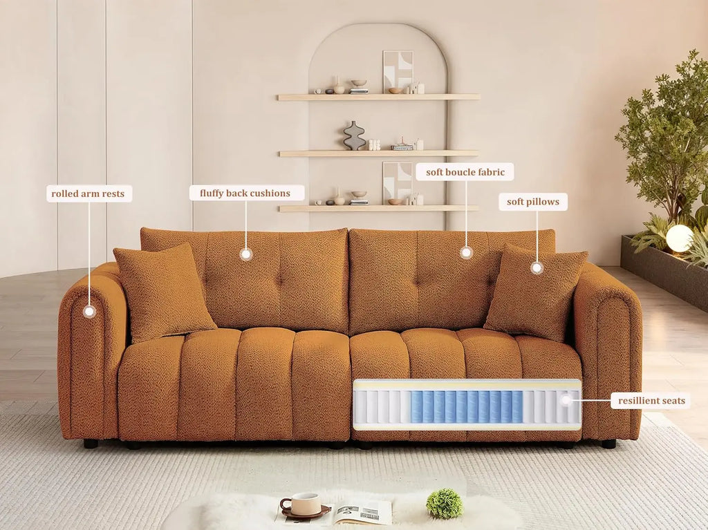 91.5" W Cloud Boucle Sofa, Rolled Arms Soft Pillows, Teddy
