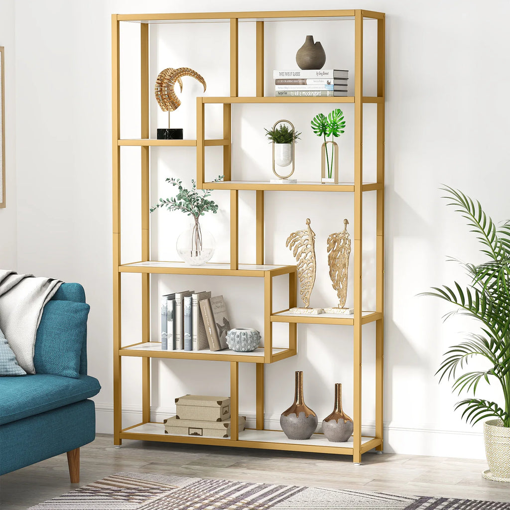 8-Open Gold Shelf Etagere Bookcase with Faux Marble