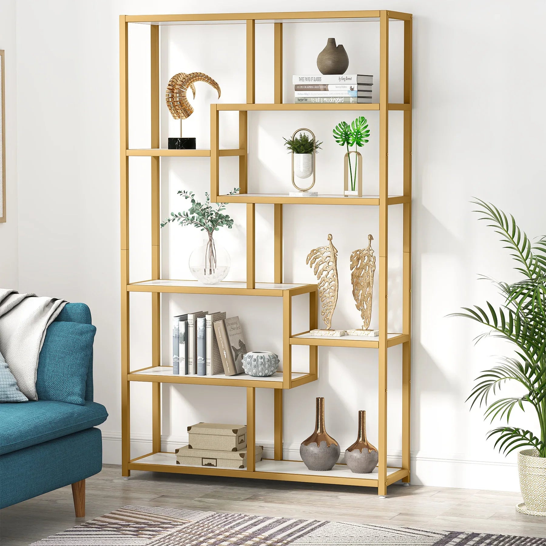 8-Open Gold Shelf Etagere Bookcase with Faux Marble