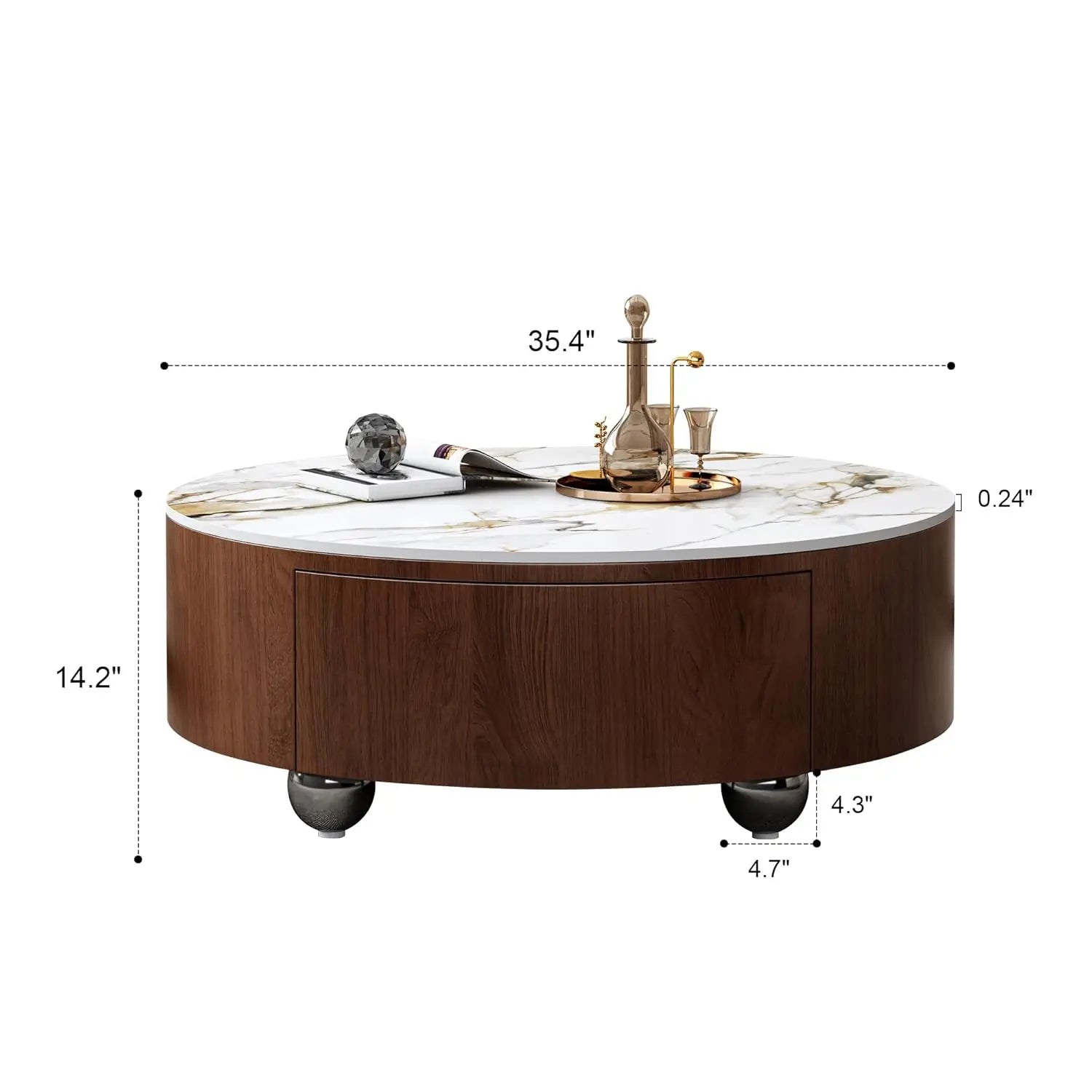 Round Coffee Table, Storage, 2 Drawers and Faux Marble Tabletop, Circle