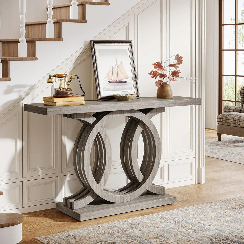 55IN Console Table with Geometric Wood Base, Thick Tabletop (Gray)
