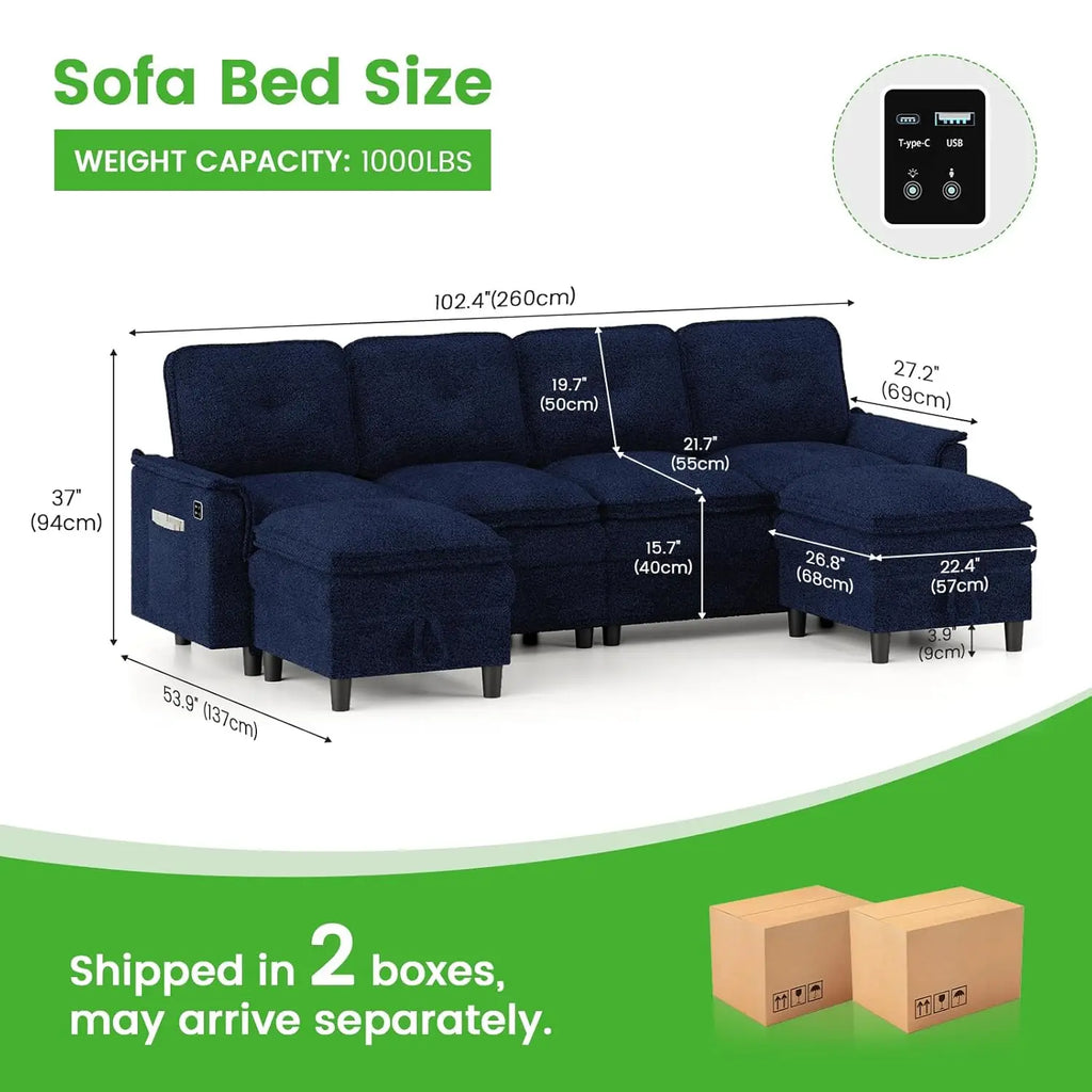 U/L Shaped 4-Seat Sectional Sofa USB Charging LED Storage Ottoman