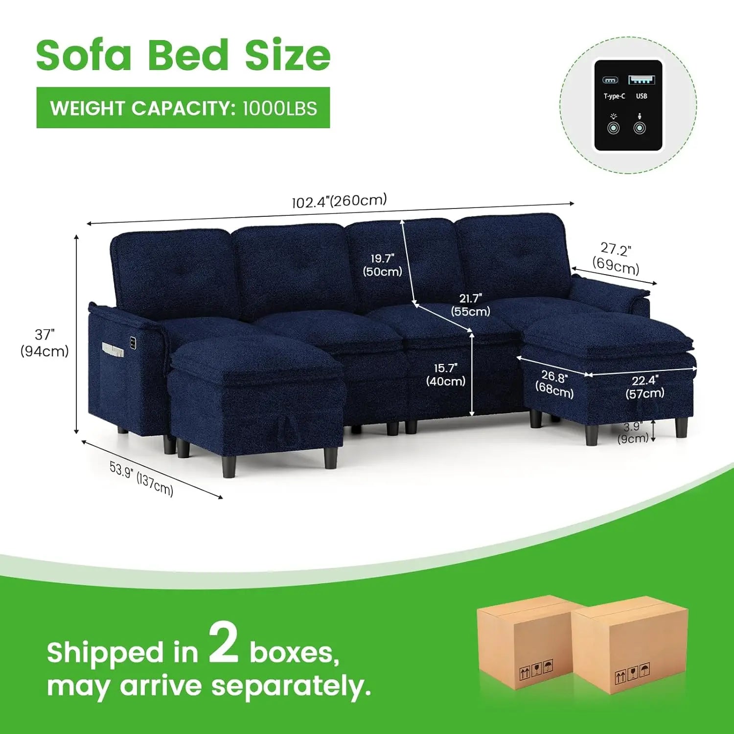 U/L Shaped 4-Seat Sectional Sofa USB Charging LED Storage Ottoman