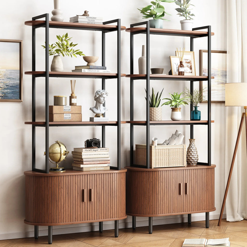 71" Tall, 4-Tier Book Shelf Cabinet, Sliding Door & Adjustable Footpad