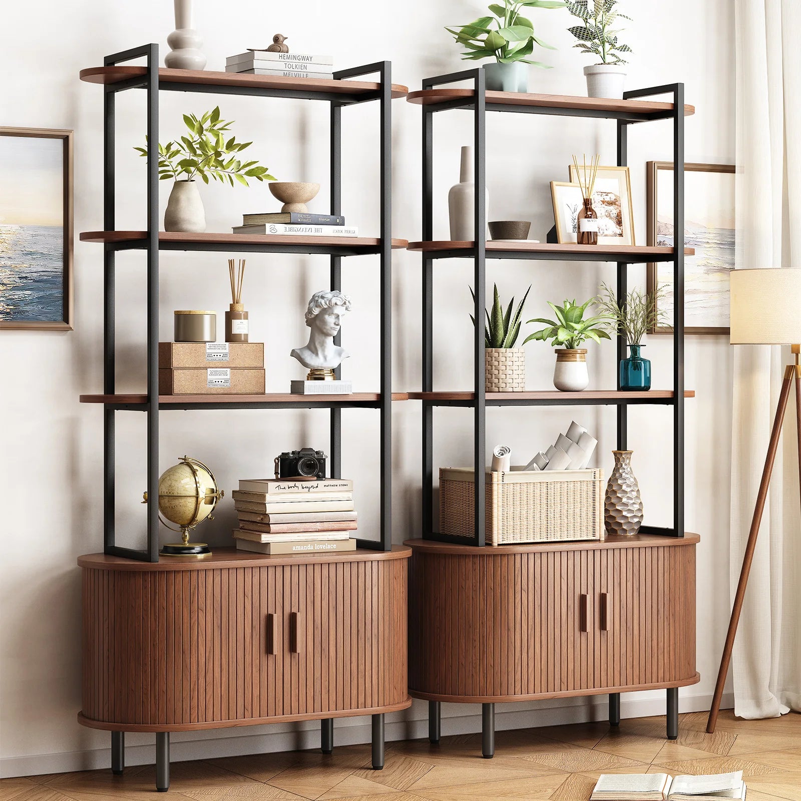 71" Tall, 4-Tier Book Shelf Cabinet, Sliding Door & Adjustable Footpad