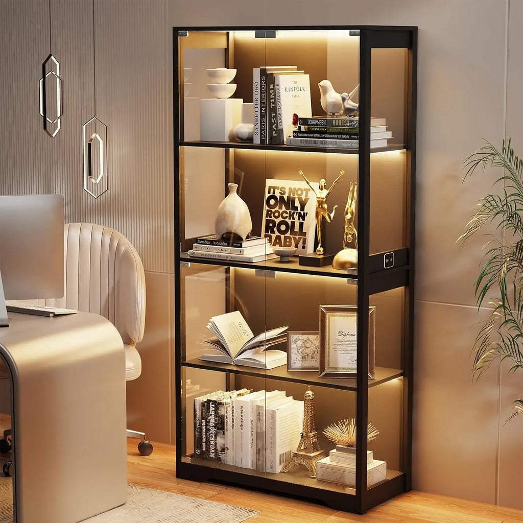 Display Cabinet Glass Doors, 4-Tier, 3 Color Lights,  Glass Display