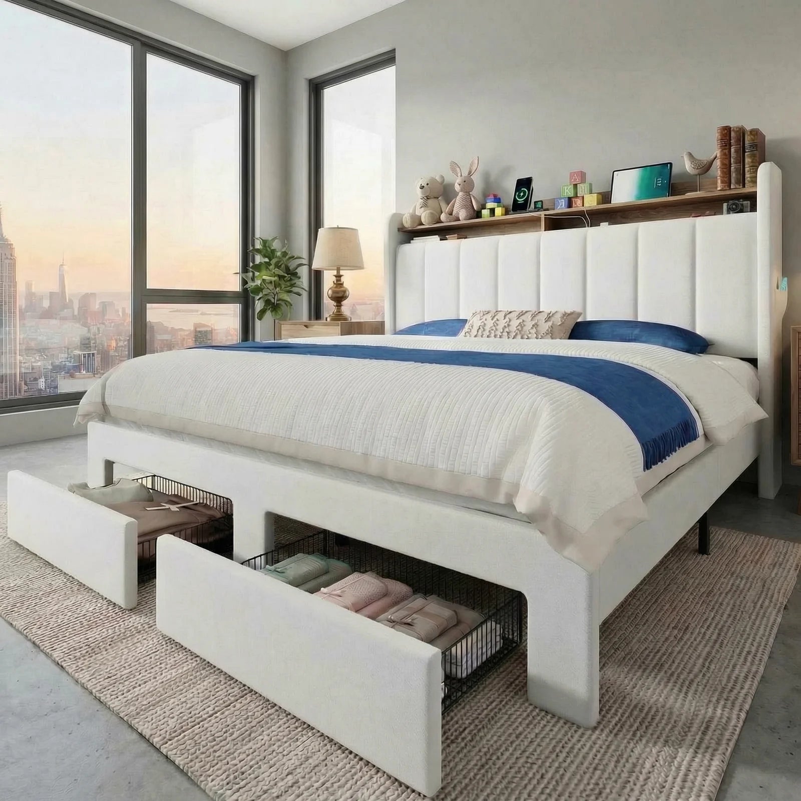 Full/Queen/King Bed Frame, 2-Drawer/2-Tier Shelves LED Lights, Charging Station, No Box Spring