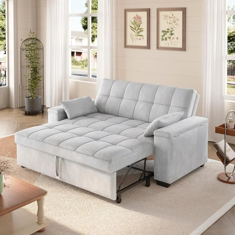 3-in-1 63.6'' Pull Out Couch w/Storage Armrests, Adjustable Backrest & Pocket