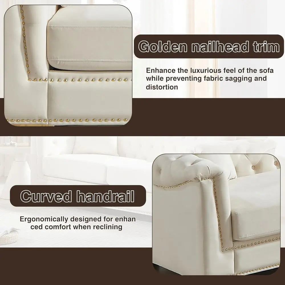 84IN Classic Chesterield Sofa - Velvet 3-Seater, Rolled Arms, Tuted Back & Studs