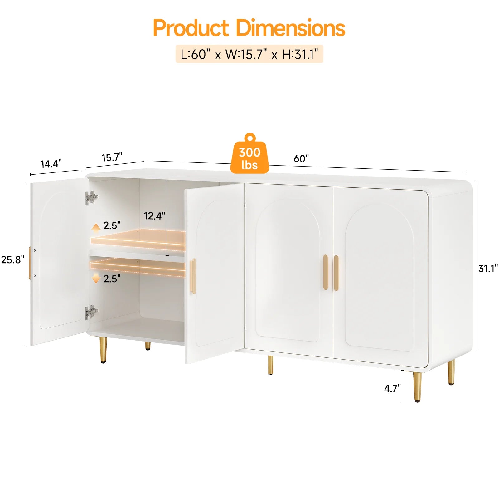 60" Sideboard Buffet Cabinet, Storage, Curved, 4 Doors, Adjustable Shelves