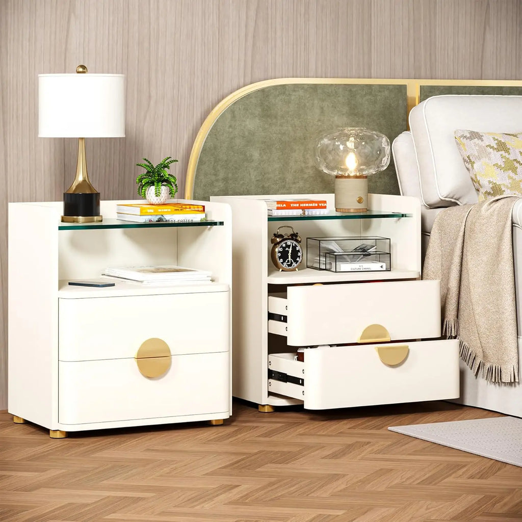 Nightstand w/2 Drawers, w/Open Storage Shelf, Tempered Glasses