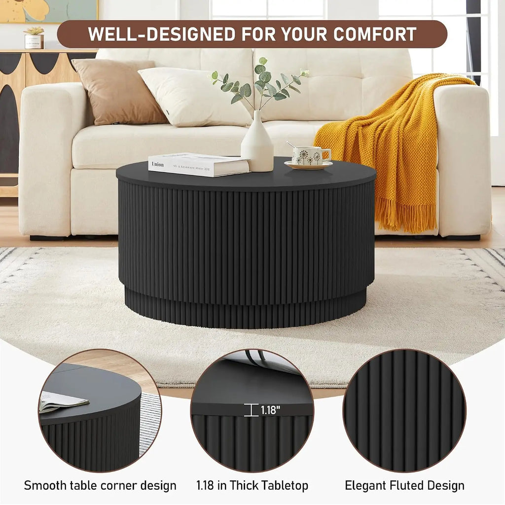 31.5" Modern Round Accent Coffee Table, Fluted Base, Wooden Center, Storage