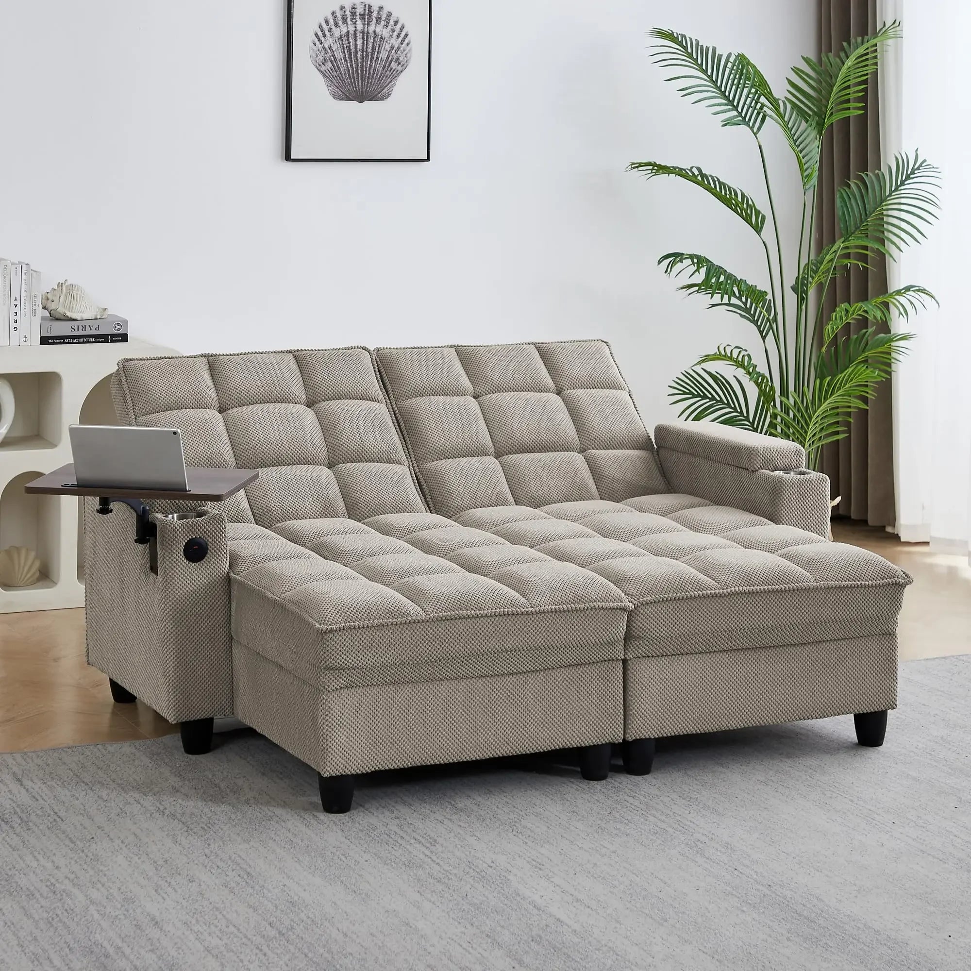 65'' 3-in-1 Folding, Pullout, Convertible Sofa Bed, 360° Swivel Side Table