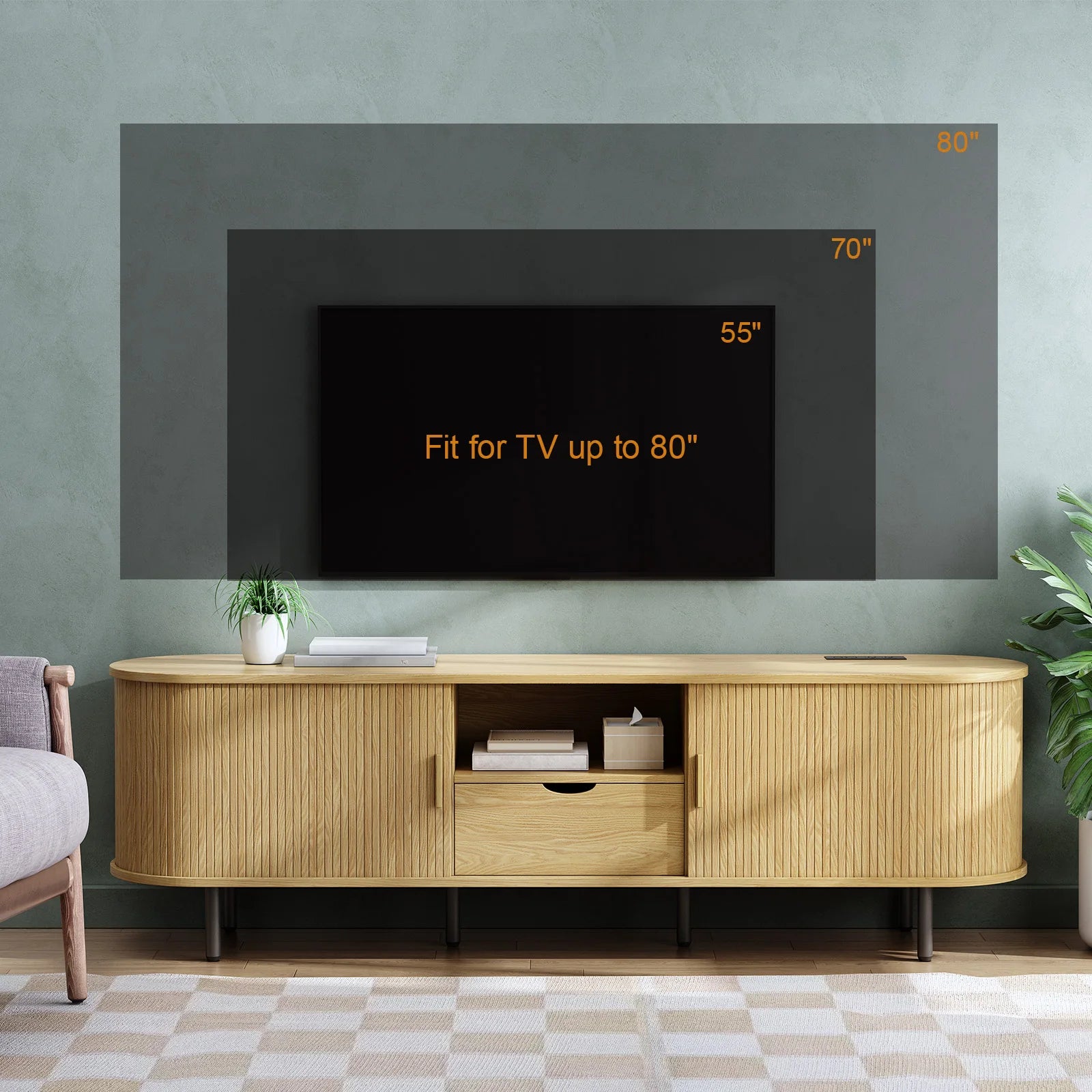 69" TV Stand w/ Power Outlet w/ Storage & Drawer,  Adjustable Shelves