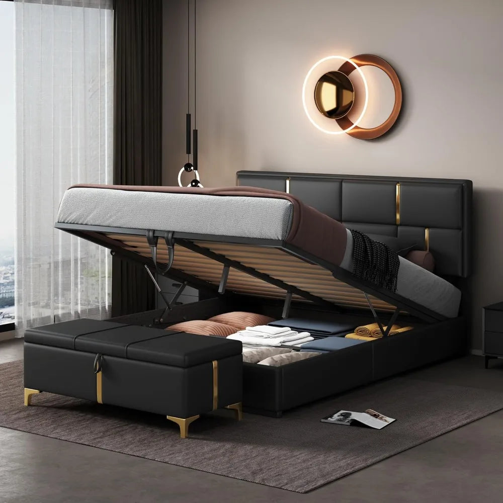 Queen Size Hydraulic Storage Bed w/Ottoman 2 Piece, Black