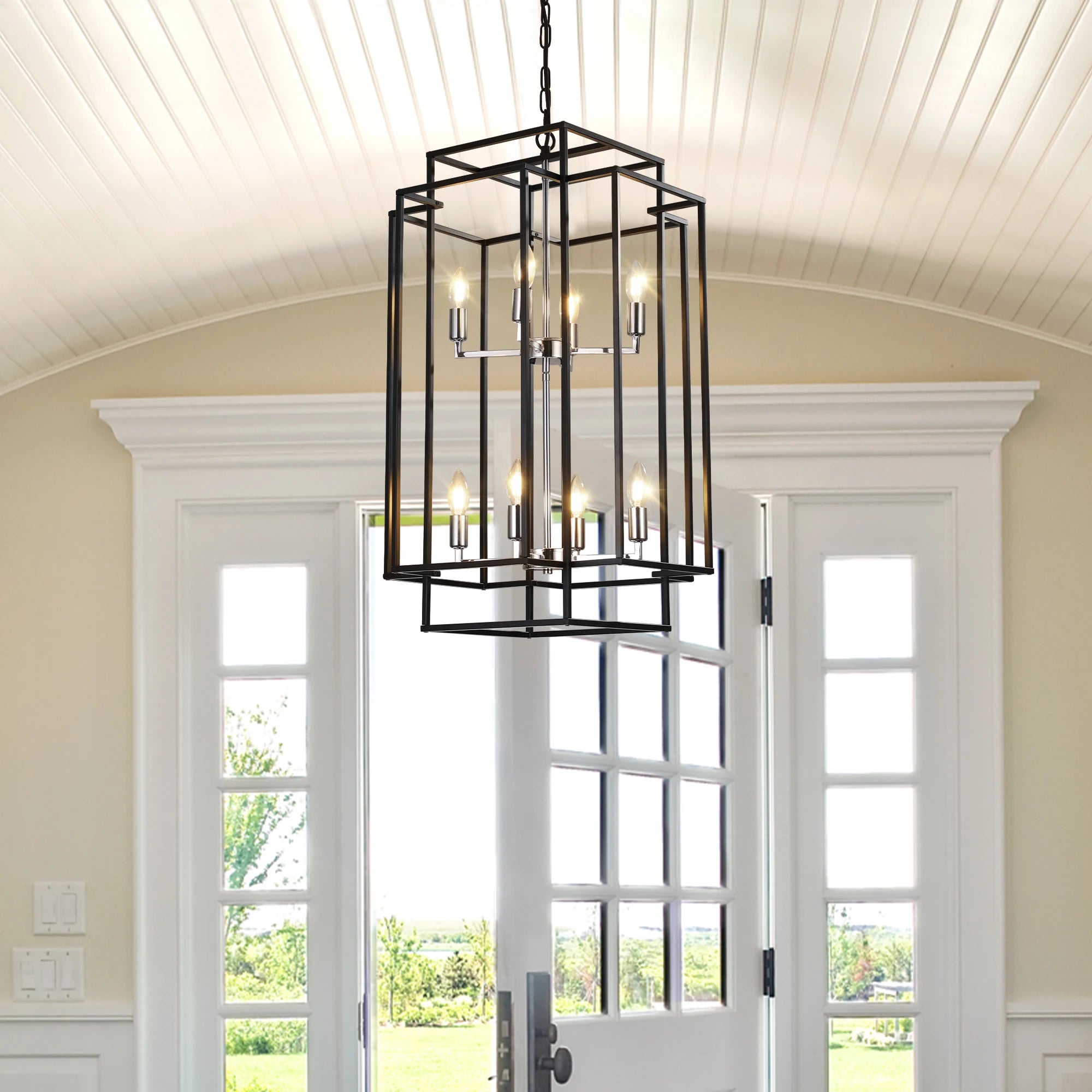 Chandelier, 8-Light Metal Cage Pendant Lighting Fixture