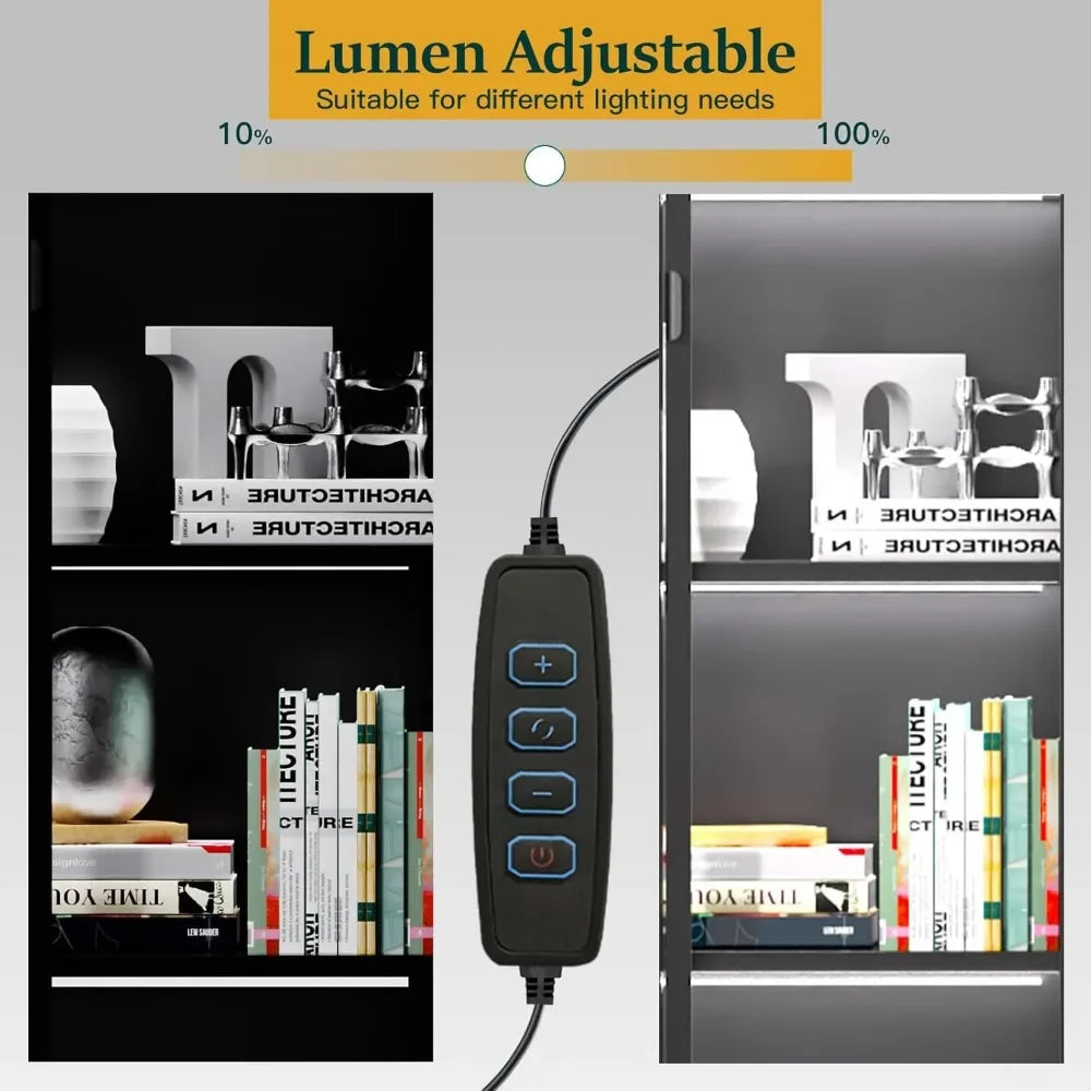 Display, Glass Doors LED Lights, 3 Adjustable Shelves, 4-Tier Shelves
