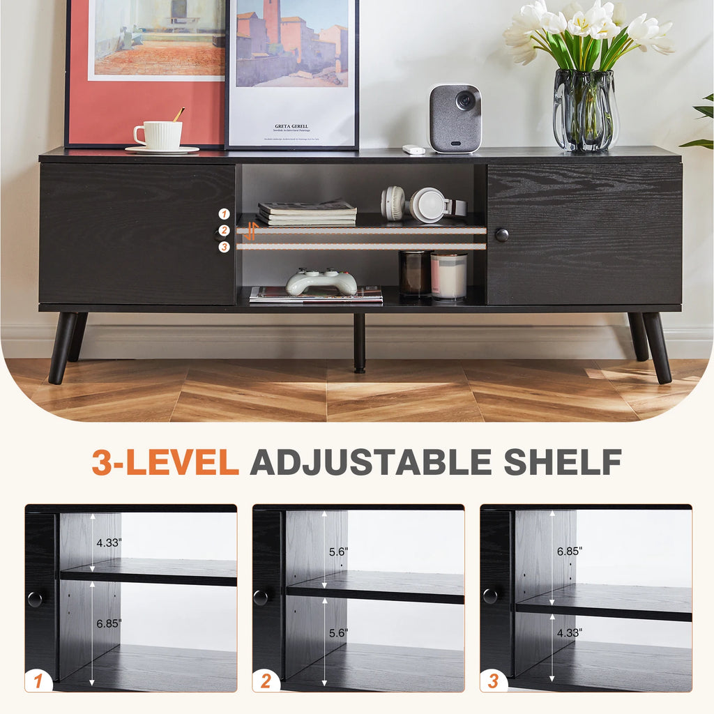 Wooden TV Stand For Up To 60 Inch TV's, Adjustable Shelf, 2 Storage