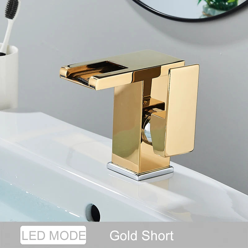 LED Color Changing Waterfall Faucet, Deck Mounted Hot/Cold Mixer Tap