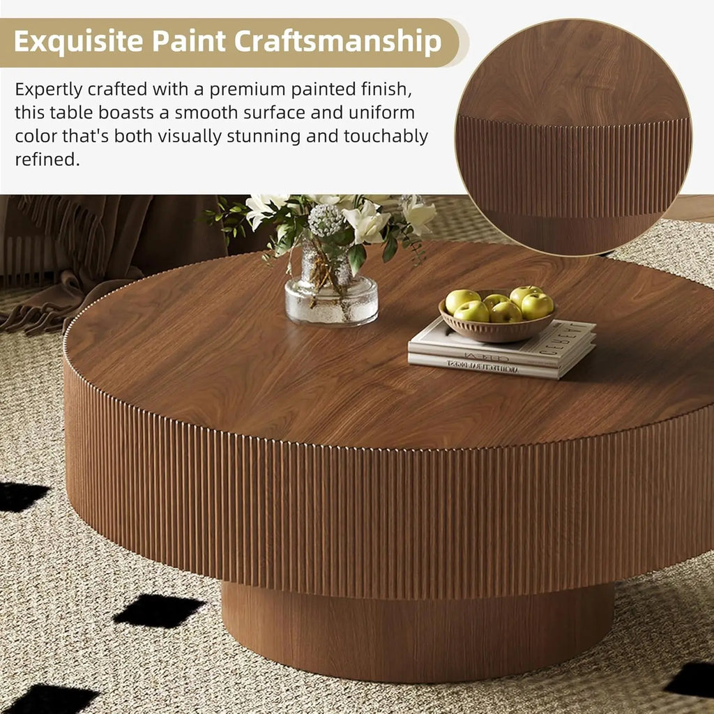 35.4 Inch Round Large Coffee Table with Sturdy Base, Wood Minimalist Fluted Center Table for Living Room Reception Room, Easy Assemble, Walnut