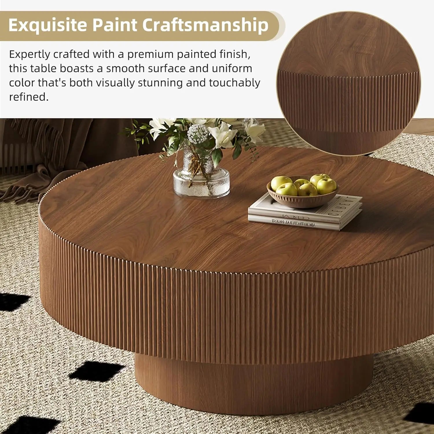 35.4IN Round Large Fluted Coffee Table, Sturdy Wood Base, Easy Assembly, Walnut