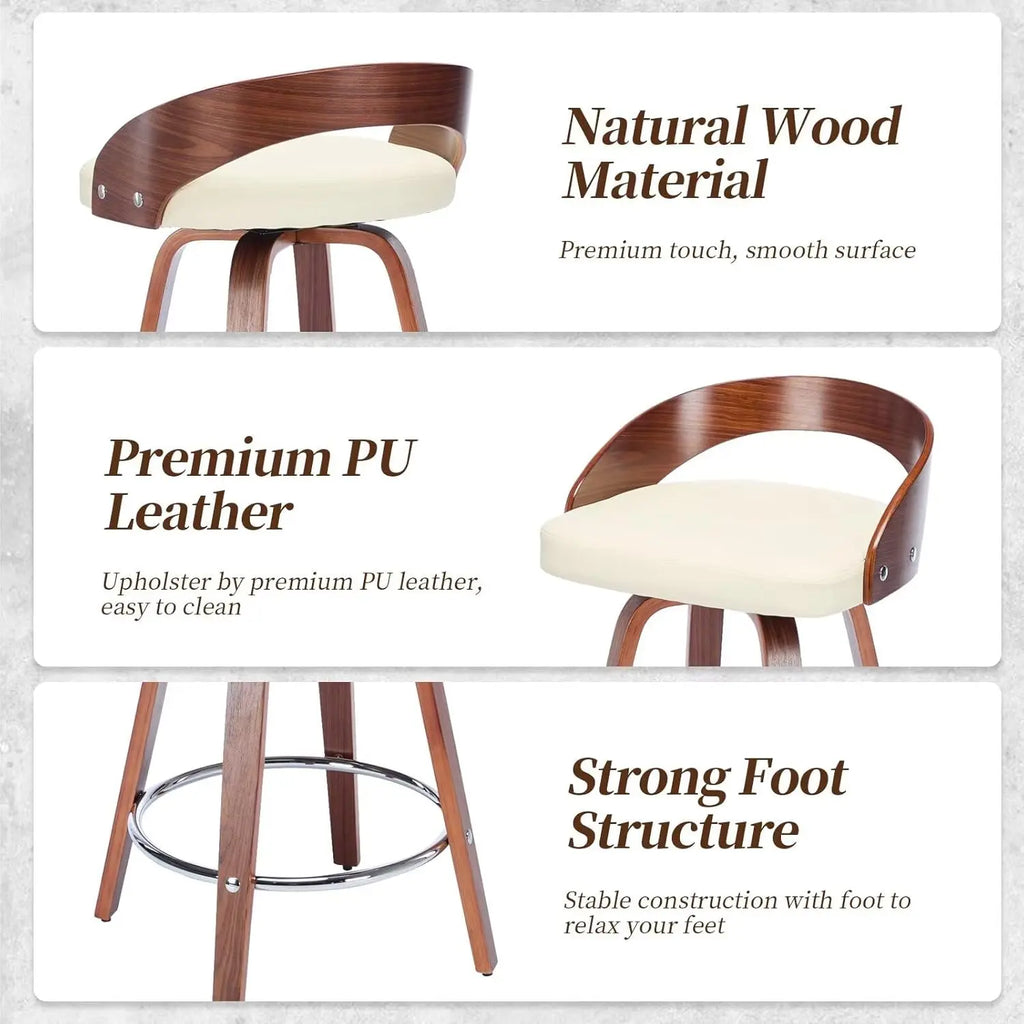 360° Swivel Bar Stools, Low Back Set-of-2, Cherry Wood, Beige PU Upholstered