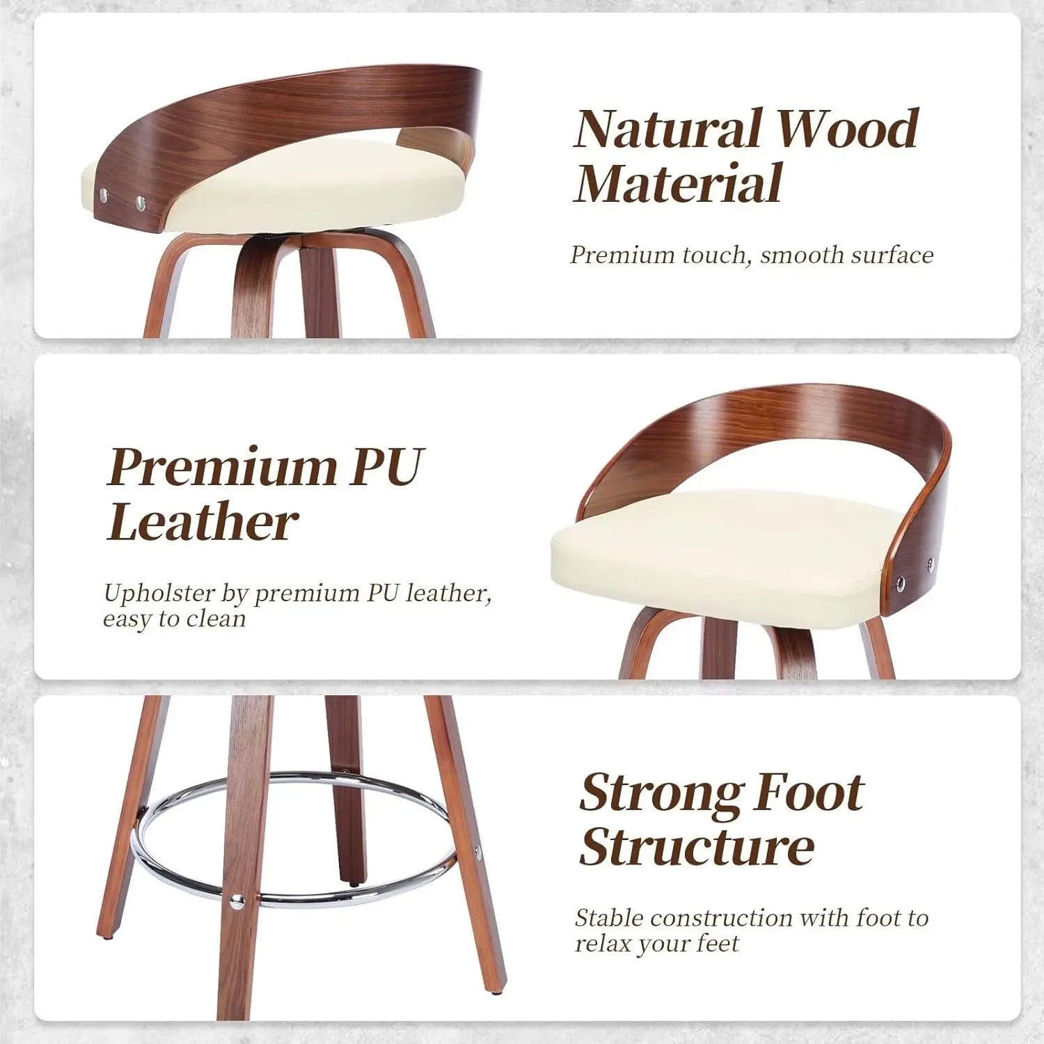 360° Swivel Bar Stools, Low Back Set-of-2, Cherry Wood, Beige PU Upholstered