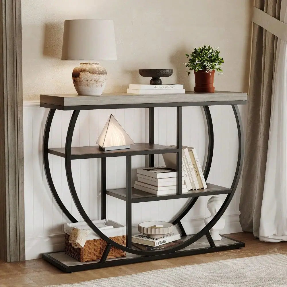 4-Tier Narrow Circle Base Wooden Sofa Table, Metal Frame