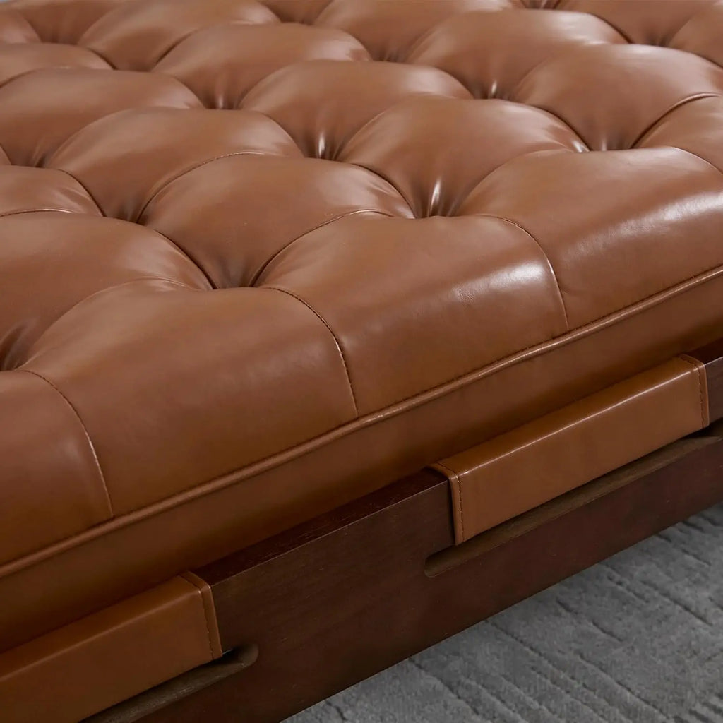 48IN Tufted Leather Ottoman Coffee Table, Rectangular Upholstered