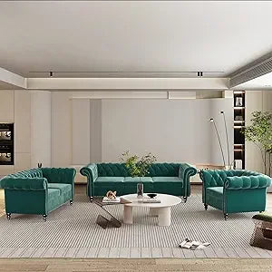 3-Piece Set, Velvet Chesterfield Sofa, Loveseat, Chair with Scroll Arms
