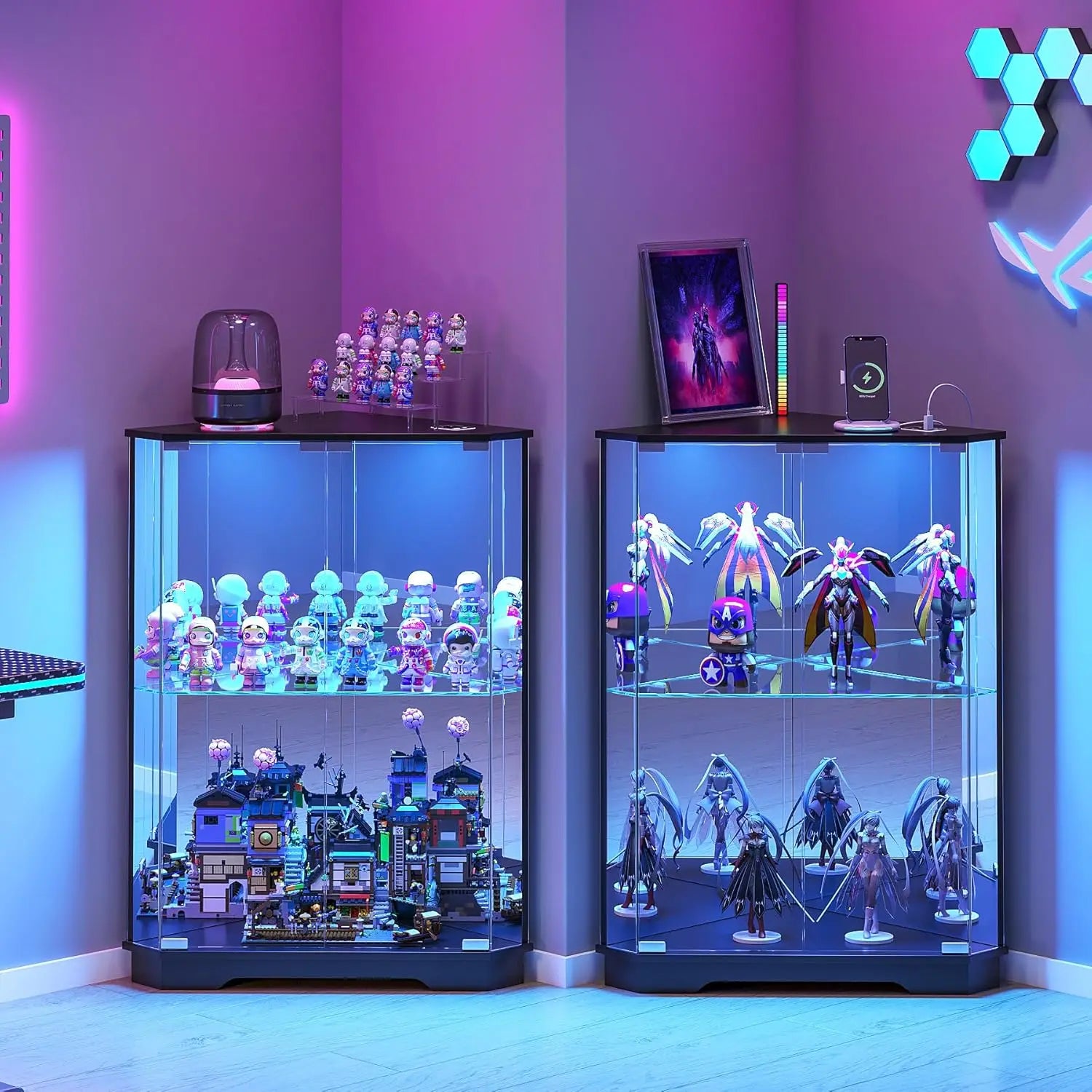 2-Tier Corner Display Cabinet Glass Doors, 3-Color LED Lights Charging Station