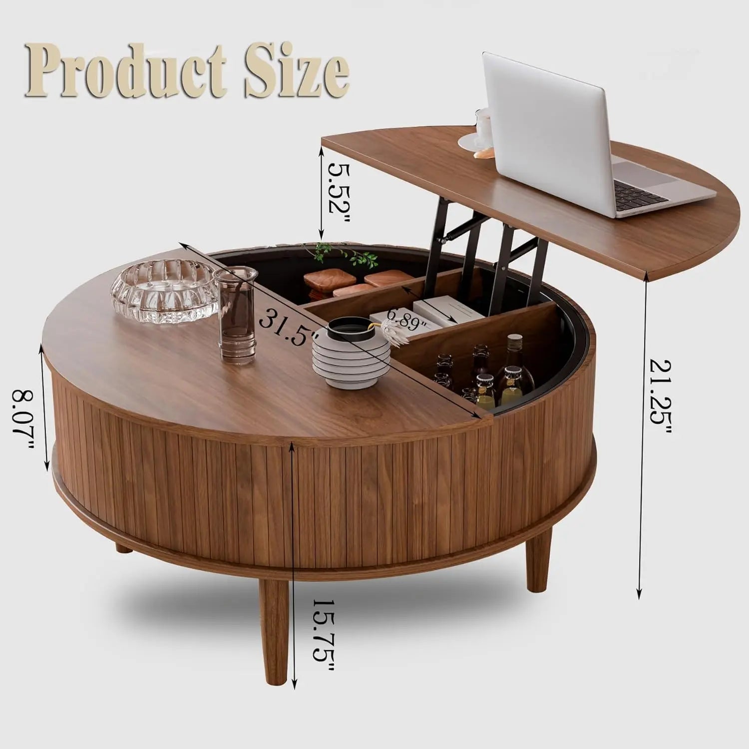 Round Fluted Lift Top Coffee Table, Storage 31.5inch Walnut