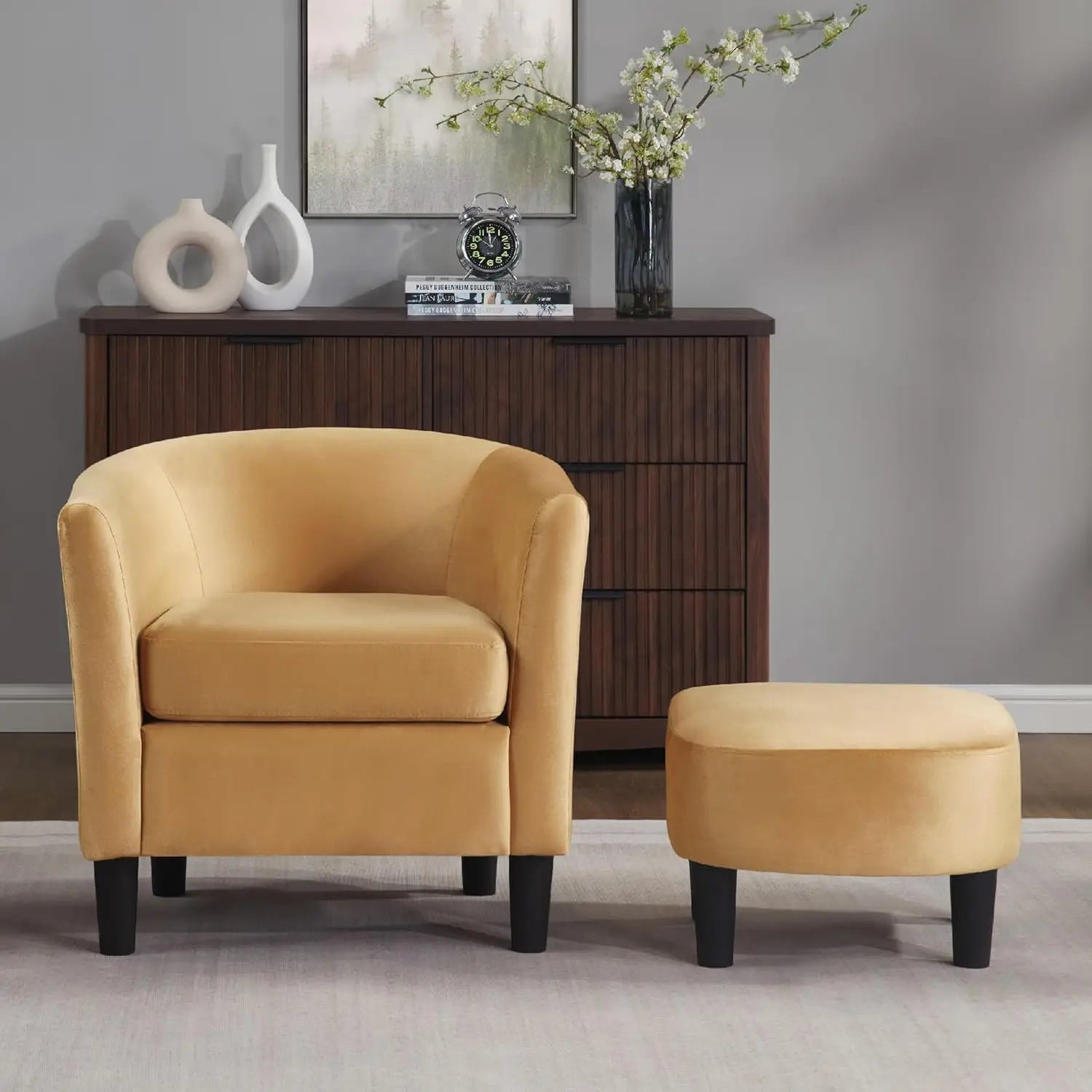 42" Oversized Upholstered Accent Chair, Swivel Barrel Chair, Storage Ottoman