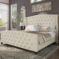 Queen Size Frame Velvet Beige Tufted/Deep Button Platform Wingback Headboard, Footboard