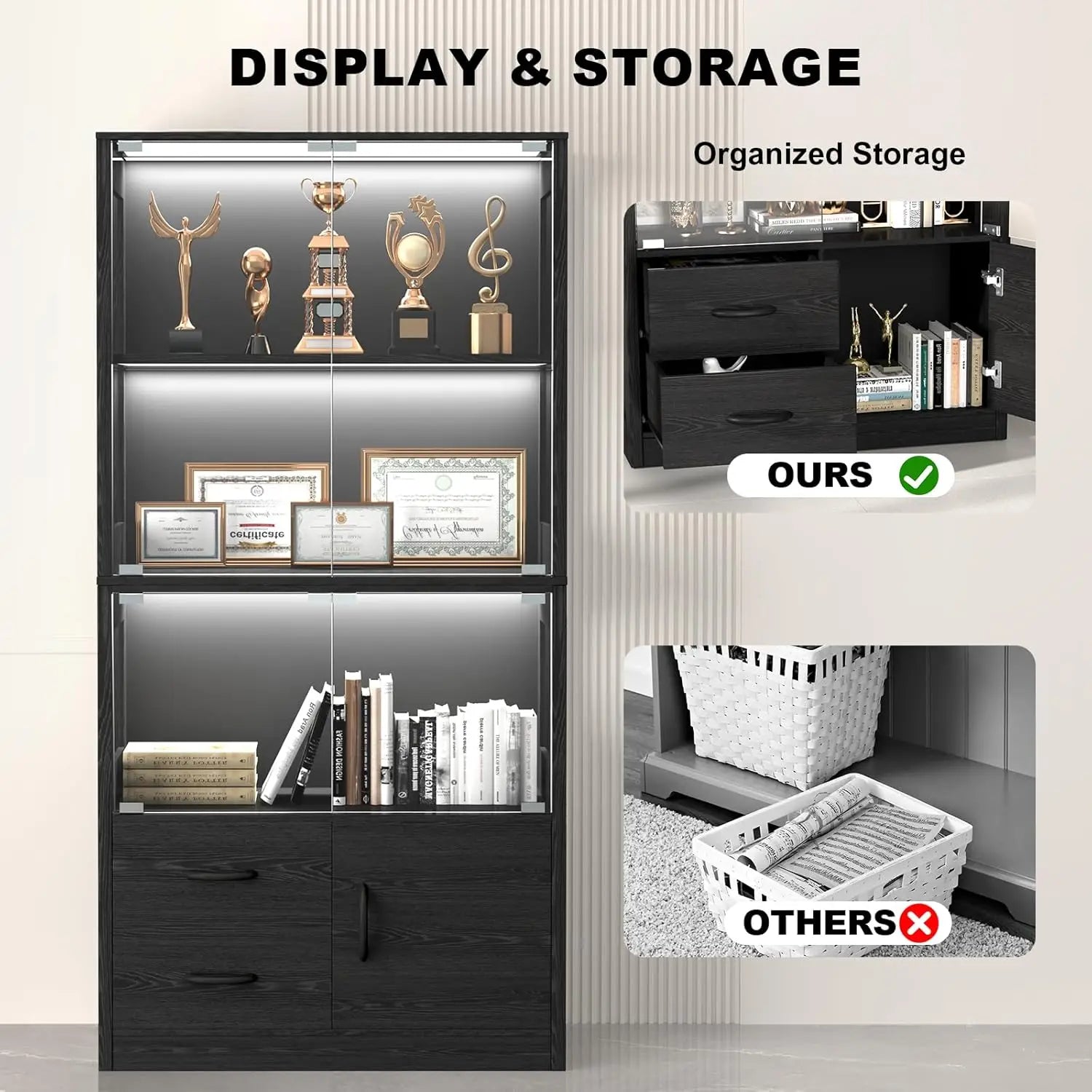 Display Glass Doors, 4-Tier Display 3-Color Lights, Human Body Sensor