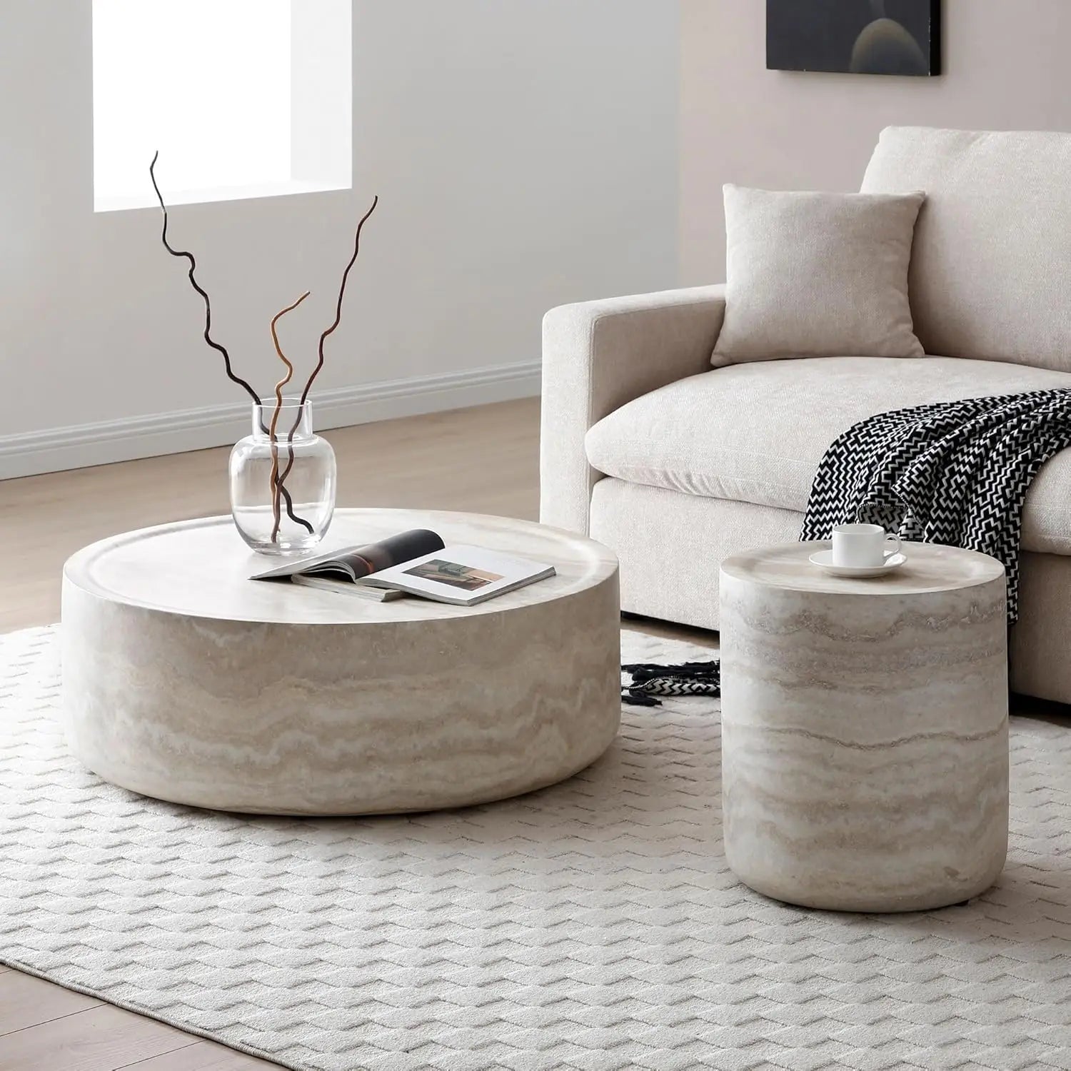 Set of 2 Round Coffee Table, Marble Grain Circke NestingTable
