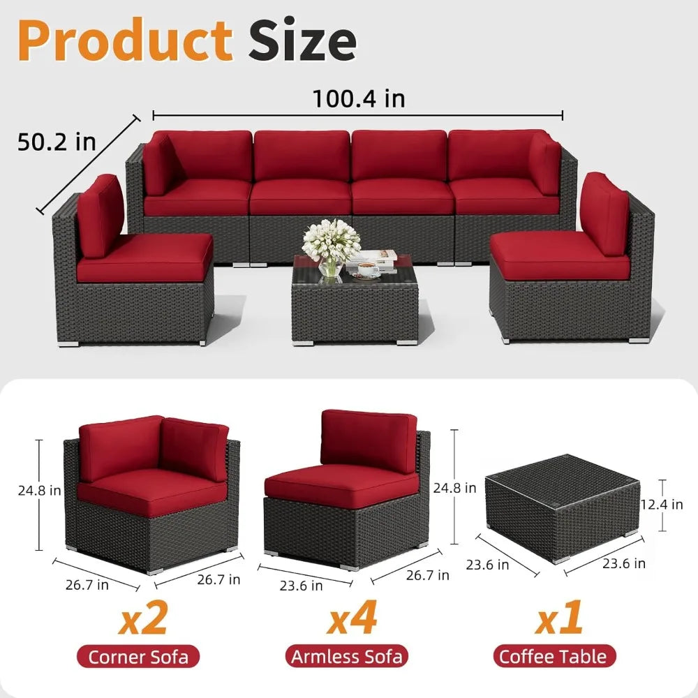 7-Piece Patio Sofa Black Rattan Wicker, Glass Top Table, Cushions