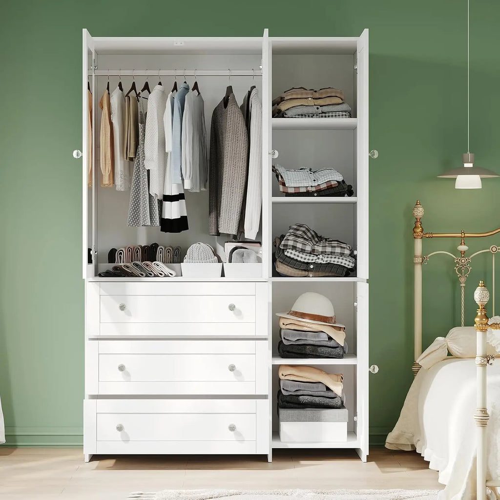71" Wooden Armoire Wardrobe 3-Drawers Mirror Hanging Rod Large Capacity