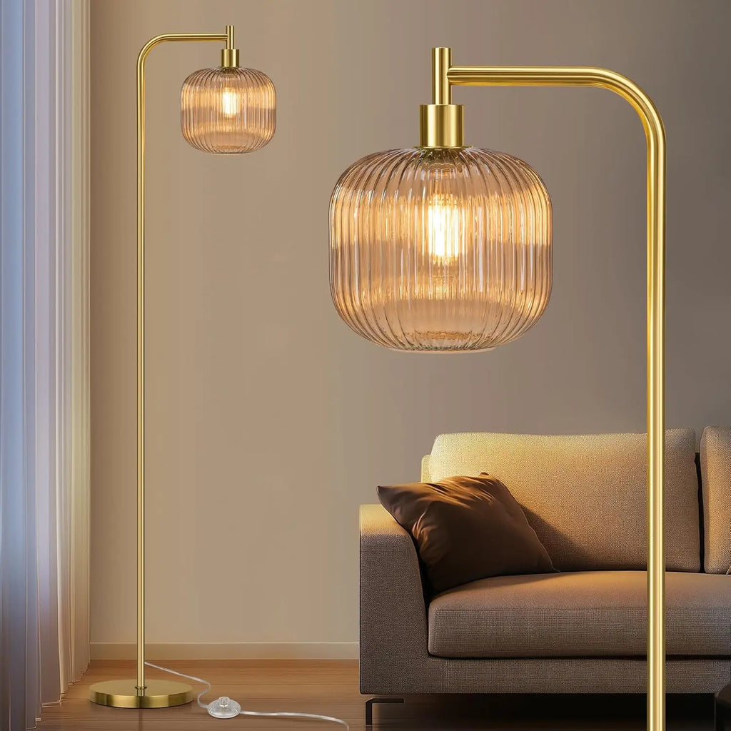 67" Glass Floor Lamp Ribbed Champagne Shade, Brushed Gold Finish
