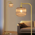 67" Glass Floor Lamp Ribbed Champagne Shade, Brushed Gold Finish