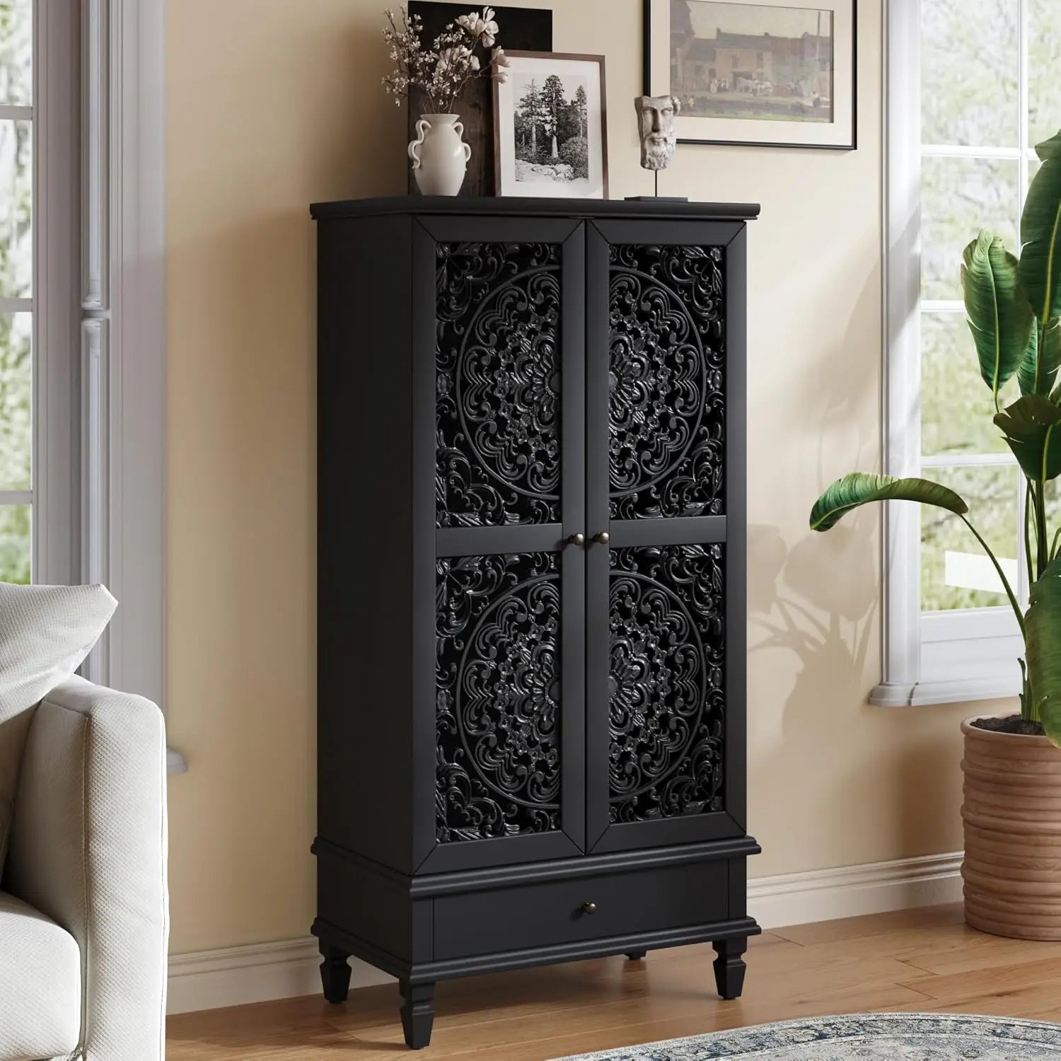 60" Blue Sideboard Buffet 4-Door Hollow Storage Shelf Vintage Console