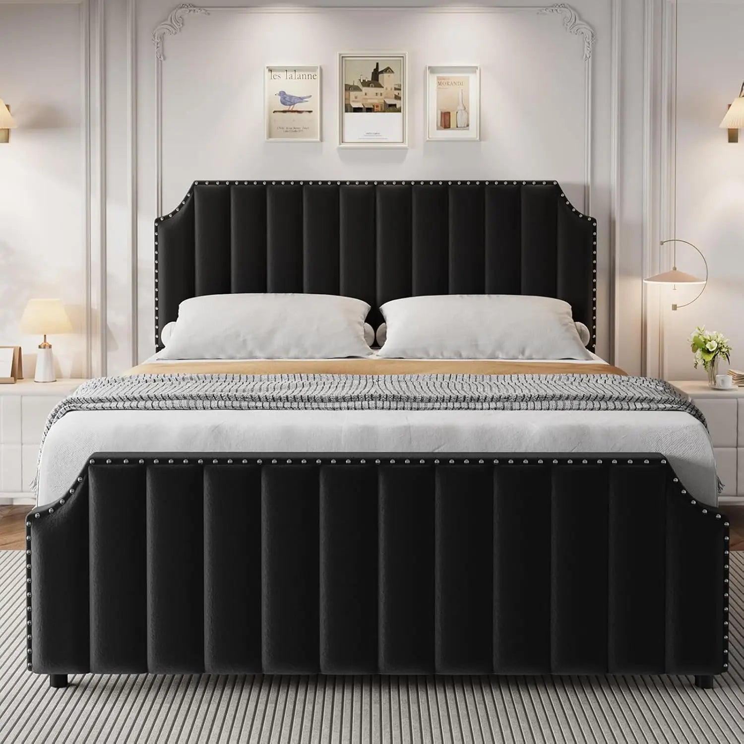 King Velvet Bed Frame 50.2" Upholstered Platform, No Box Spring, Wooden Slats