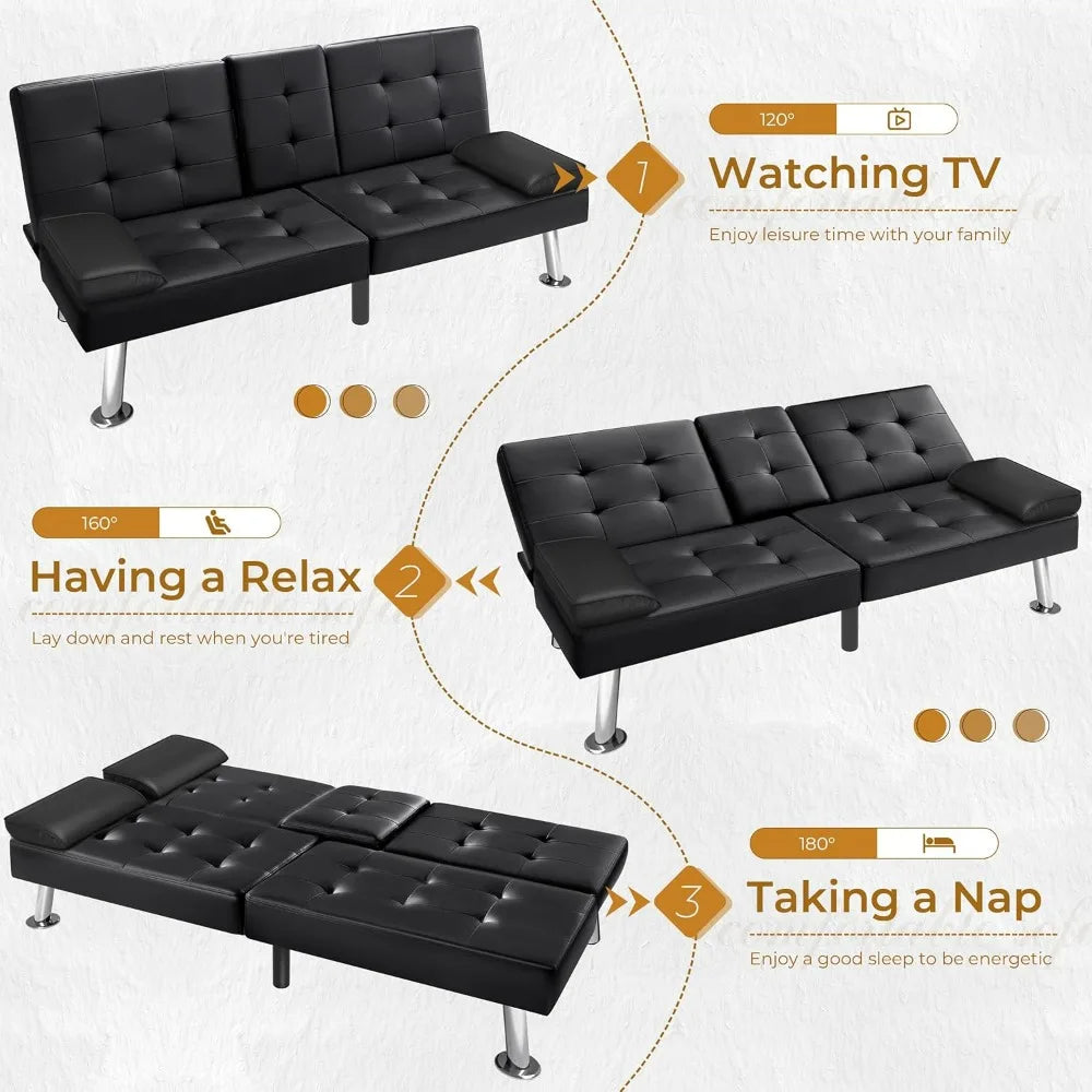 Futon Sofa Faux Leather Couch, Bed Recliner 2 Cup Holders