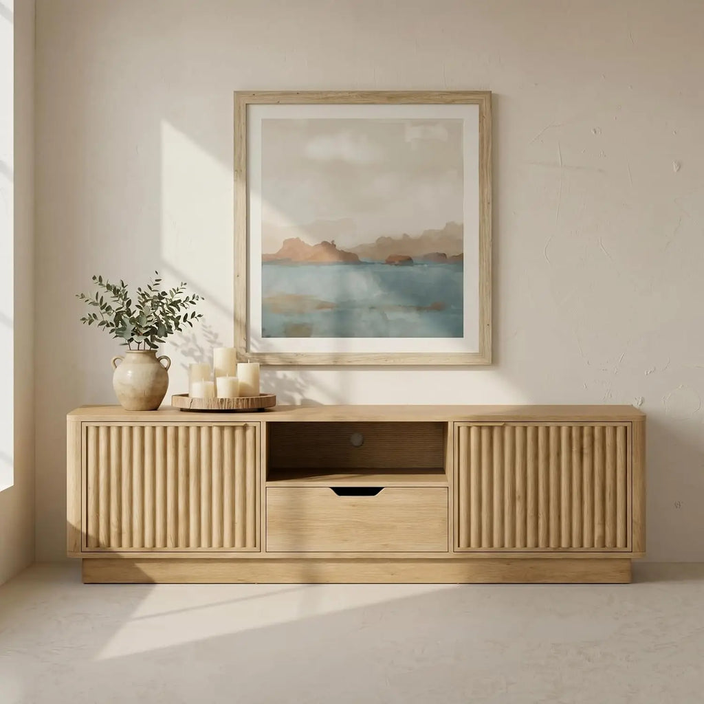 70IN Fluted TV Stand, With Storage Drawers And Adjustable Shelves, Wooden