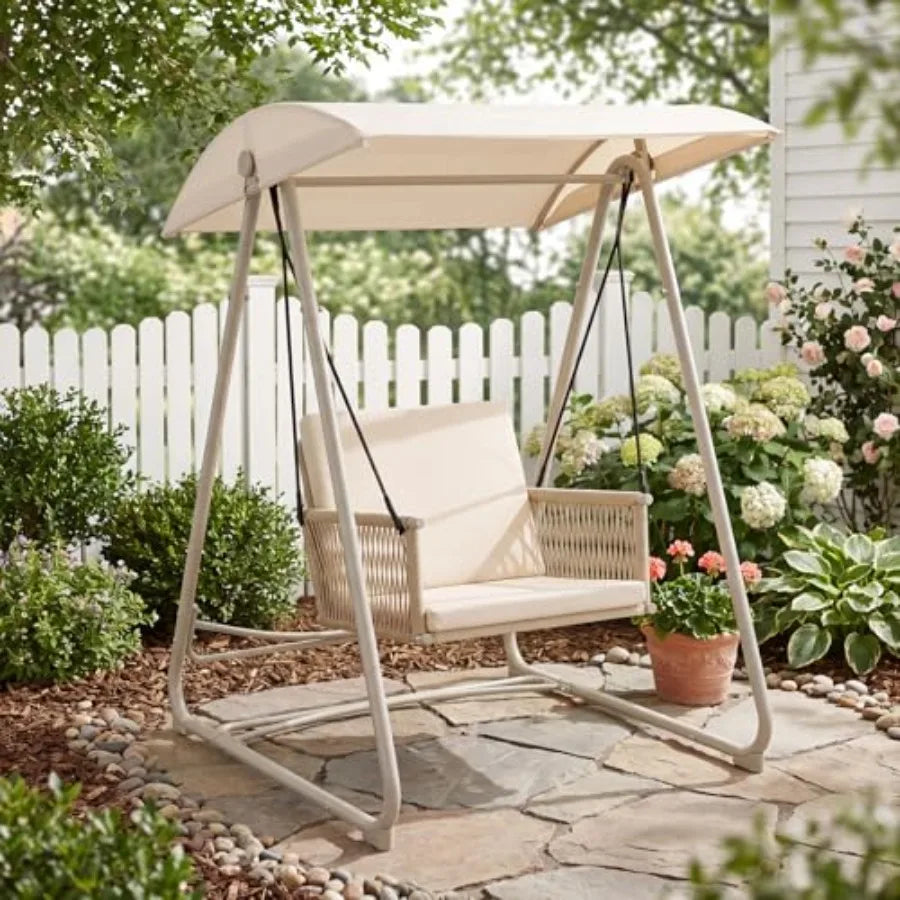 Patio Swing Chair Adjustable Canopy, Heavy-Duty Triangular Frame, Single Seat